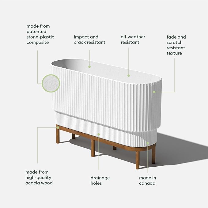 Veradek Demi Series Raised Long Planter for Indoor/Outdoor Use | Made from Plastic & Stone w/Wooden Stand | Modern Patio Décor for Flowers/Shrubs