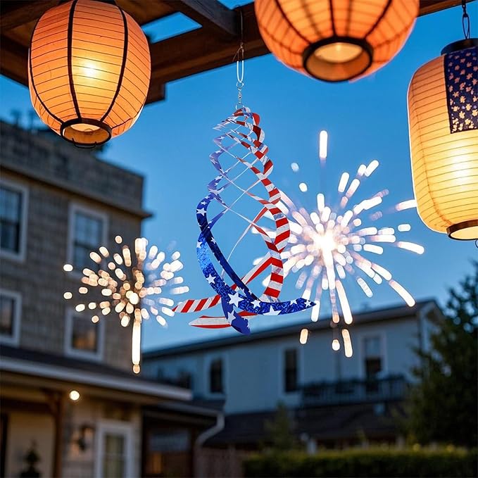 Hausse 6 Pack Patriotic Bird Repellent Spiral Reflectors Mylar Spinner, Hanging American Flags Reflective Bird Deterrent Device for 4th of July Independence Day, Scare Birds Animals Away