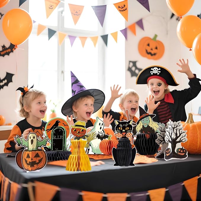 7PCS Halloweens Honeycomb Centerpieces, Halloween Party Decorations, Black Cat Ghost Table Centerpieces Spooky Theme Birthday Table Toppers for Home Mantel Tray Halloween Party Decor