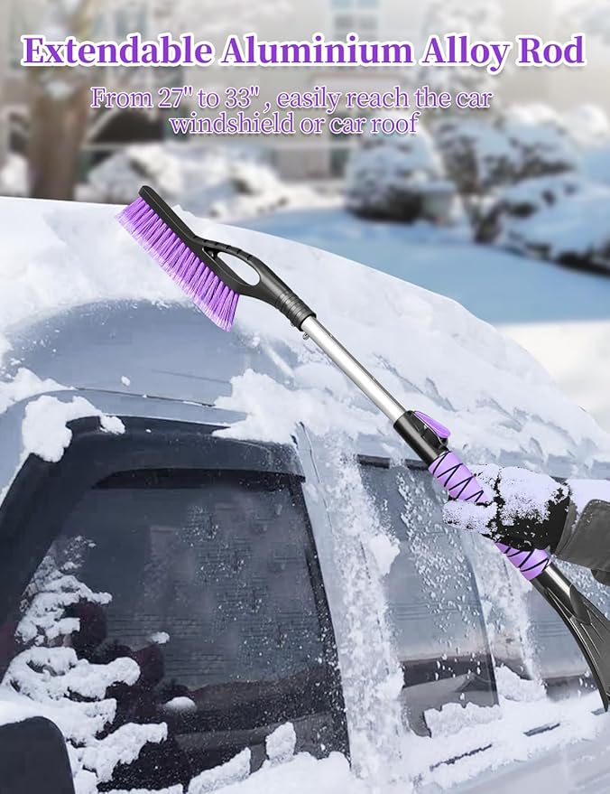 HEEYA Ice Scraper and Brush for Car, Extendable Snow Brush and Ice Scraper for Car Windshield Window, Car Snow Scraper and Brush with Foam Grip for SUV Truck Automobile Vehicle - Purple
