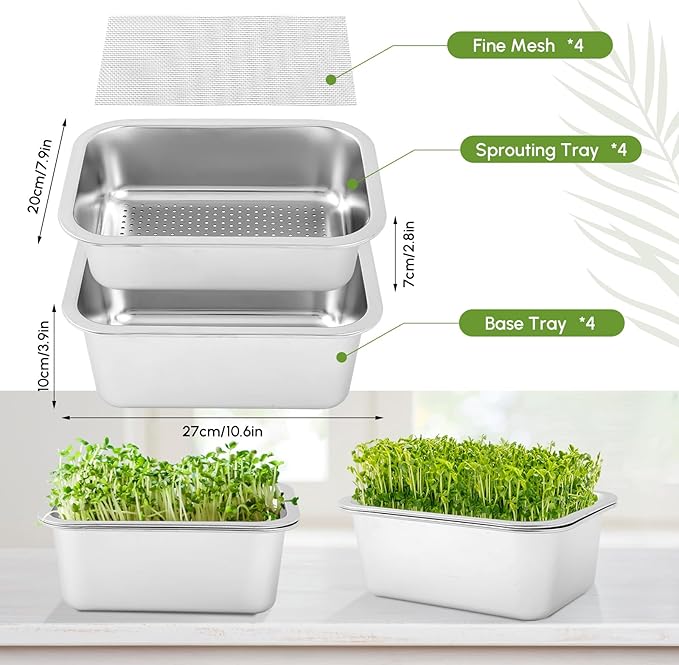 Vesici 4 Pack Sprouting Tray Kit, Stainless Steel Soil Free Cultivation Germination Tray, Wheatgrass Growing Container, Seed Sprouting Container Kit for Indoors Plant Seed Beans Broccoli Arugula
