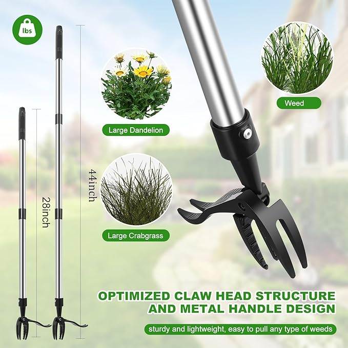 Weed Puller Tool, Lightweight, 4-Claw Stand Up Weeder Tool with Adjustable Handle for Remove Weeds Without Bending or Kneeling, Easily Remove Dandelions, Thistles, Plantain, Crabgrass.