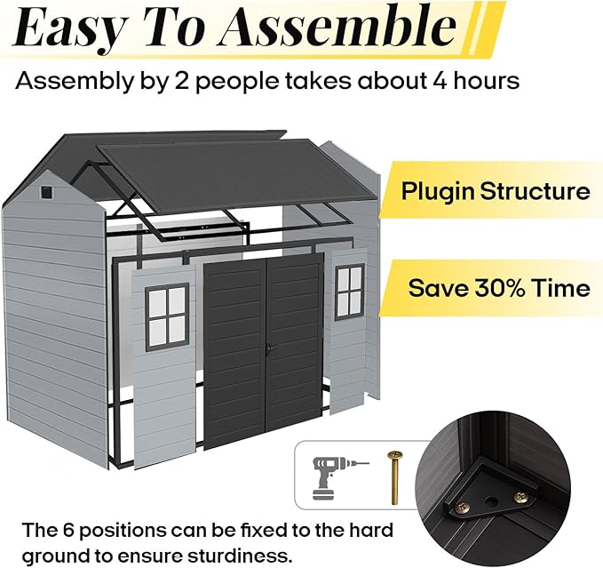 8x6 FT Resin Storage Sheds Outdoor with Floor Included, Plastic Sheds & Outdoor Storage Clearance with 2 Windows and Lockable Door, Backyard Storage Sheds for Garden Tools, Bike, Black+Grey