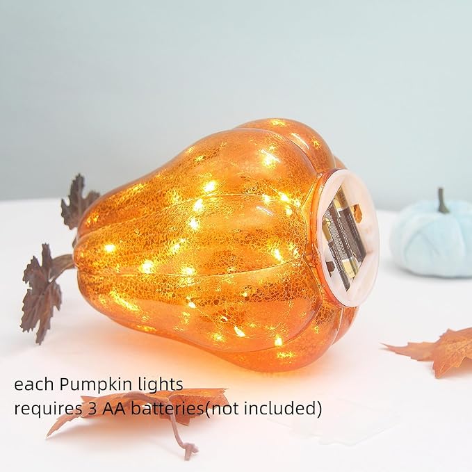Mercury Glass Pumpkin Lights with Timer, Battery Operated Led Pumpkin Lights for Halloween Fall,Thanksgiving Rustic Decor (Gold Leafy, 9")