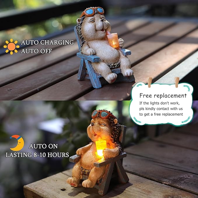 Solar Hedgehog Garden Decor Statues for Outside Lawn Yard Patio, Home Office Halloween Decorations Indoor Lights, Ideal Ornaments Birthday Gifts for Mom Women Grandma
