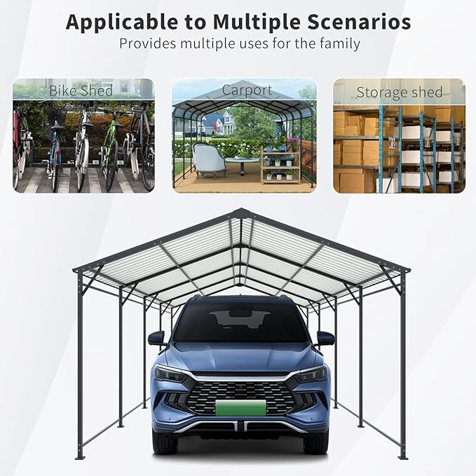 Carport, Heavy Duty Carport with Galvanized Steel Roof and Frame, Metal Large Garage with 4 Fixed Inclined Square Tube Supports (12 * 21 FT)