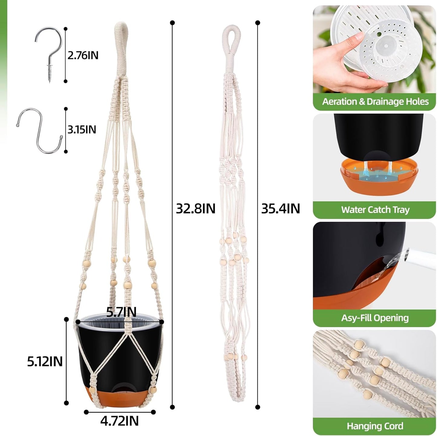 2-Pack Self-Watering Hanging Planters for Indoor & Outdoor Plants,34-Inch macrame hanger plant pots indoor with drainage,5.7-Inch Small Hanging Planters & Baskets in Black,With two sets of hooks