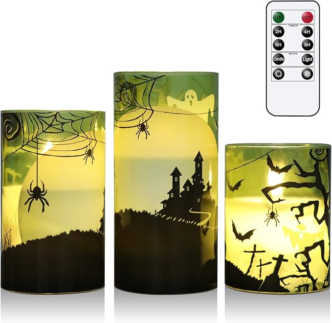 Eldnacele Halloween Flameless Candles with Remote Spider Web, Ghost, Castle Decals Battery Operated Real Wax Flickering Glass Pillar Candle for Spooky Holiday Decor 3 Pack