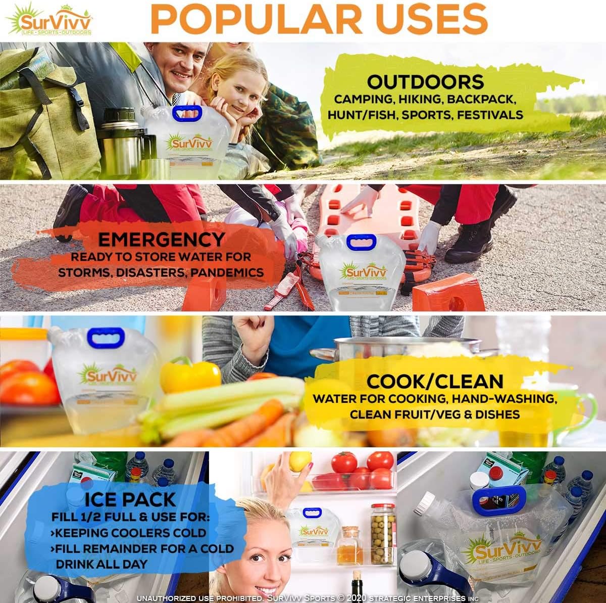 Premium Collapsible Water Container Bag, No-Leak, Freezable, Odorless, Flat Folding, BPA Free Food Grade Clear Plastic Storage bottle for Sports Outdoors Camping Hiking Backpack 1.3/2.6 Gallon