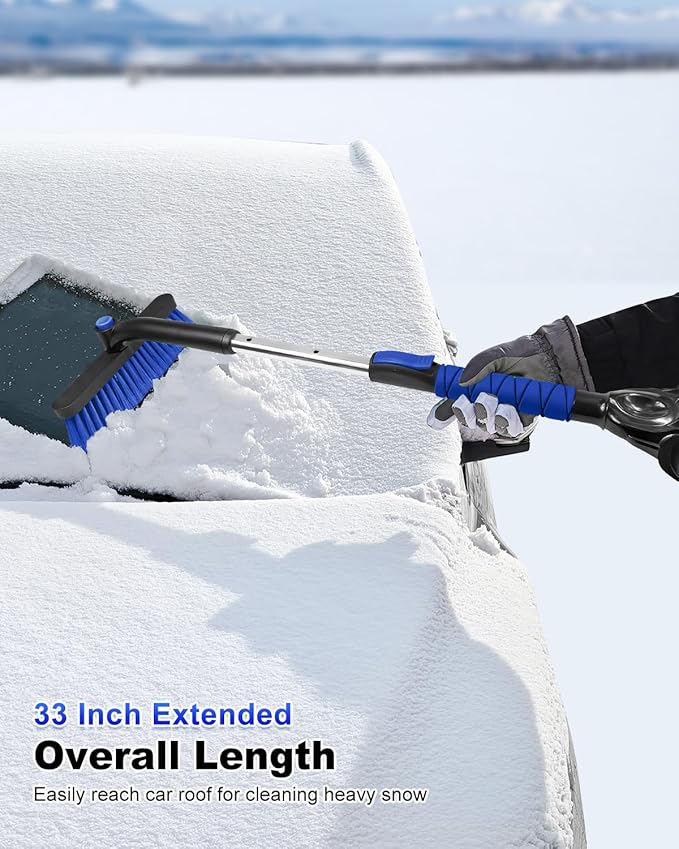 SEAAES 33 Inch Snow Brush and Ice Scraper for Car Windshield, Extendable Snow Scraper and Brush with Foam Grip for Truck SUV Vehicle Window - Blue