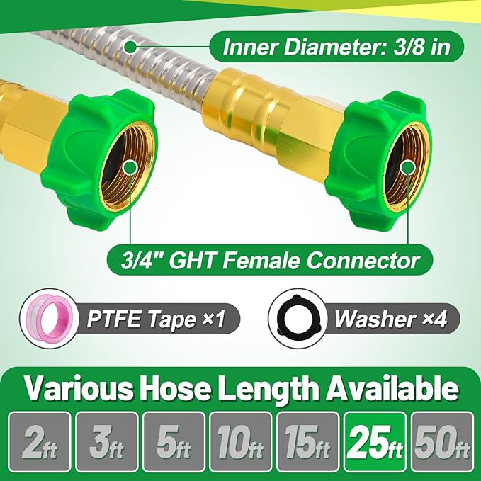 Garden Hose with Female to Female Connector - 25ft Metal Leakproof Leader Hose for Reel, Heavy Duty 304 Stainless Steel Flexible Water Pipe for Outdoor Garden Watering Car Pet Cleaning