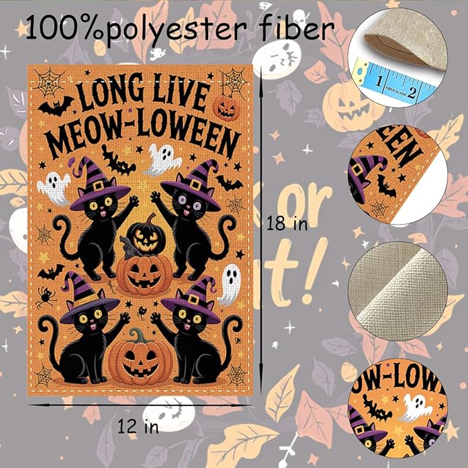 Fokongna Funny Halloween Decor Black Cat Garden Flag, Cute Halloween Long Live Meow-Loween Flag, Gift for Cat Lover 12x18 Inch Burlap Vertical Double Sided Flags, for Home Yard Outside Decorations