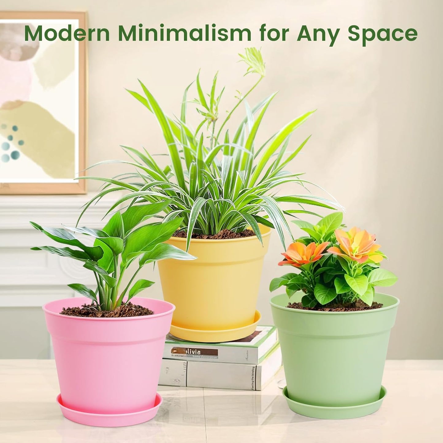 20 Pack 6 Inch Plant Pots with Drainage and Saucers, White Plastic Flower Pots for Indoor and Outdoor Plants, Stackable Nursery Planters for Houseplants and Herbs, Colorful