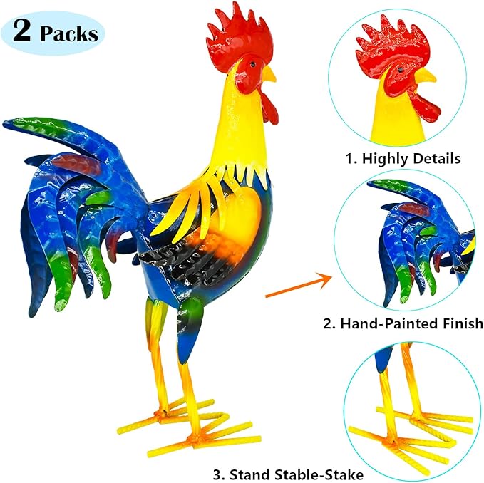 MACLARONX 2 PCS Metal Rooster Yard Art Outdoor Garden Decor Roosters Chicken Statue Decorations for Kitchen Home Lawn Patio, Multicolor