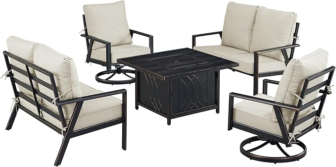 Oakland Living Black Aluminum Patio Fire Table Set with Two Deep Seating Loveseat with Cushions and Two Club Chairs with Light Grey Cushions