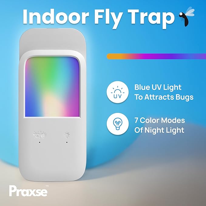 Plug-in Fly Trap NightLight - RGB Insect Catcher for Mosquitoes, Gnats, Fruit Flies, Indoor Insect Trap, Color-Changing Lamp for Home, Kitchen,Office (2 Devices with 10 Sticky Pads)