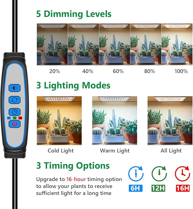 Grow Lights for Seed Starting, 552 LED Full Spectrum Plant Light Panel for Growing Indoor Plants, Slim Grow Lamp with UL Adapter, 6/12/16H Timer, 3 Light Modes, 5 Dimmable