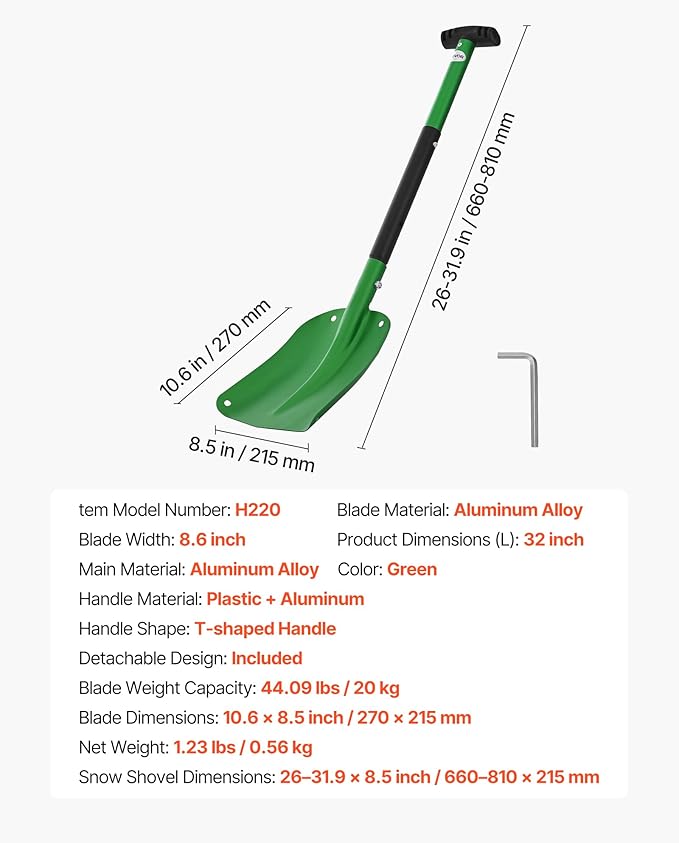 VEVOR Snow Shovel for Driveway, 8.5 in Wide Aluminum Alloy Snow Shovel with T-Shaped Handles, Large Capacity Snowplow Shovels, Portable & Lightweight Snows Removal Tool for Garden Car Camping