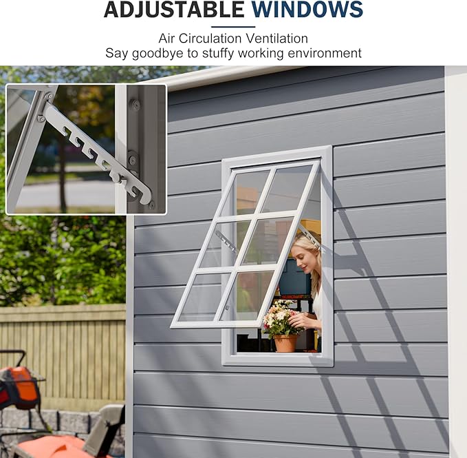 8x4 FT Resin Storage Sheds with Floor and Adjustable Openable Windows, Large Waterproof Garden Sheds with Base, Outside Plastic Sheds with 2 Windows for Backyard Garden Patio Lawn Tools Storage, Gray