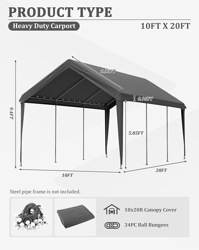 10 X 20 Ft Canopy Replacement Cover Heavy Duty Waterproof UV & Tear Resistant Car Tarp Canopy Tent Garage Top Shelter Oxford Cover with Ball Bungees (Frame is Not Included)