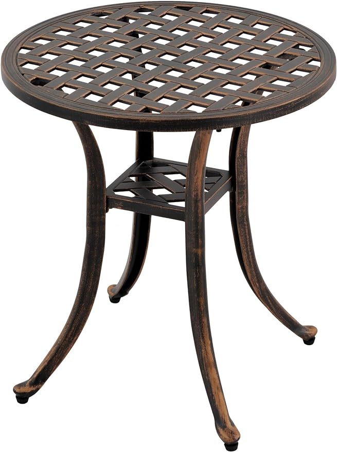Outdoor 19" Cast Aluminum Round Side Table End Table for Patio, Backyard, Pool, Indoor Companion, Easy Maintenance and Weather Resistant, Bronze