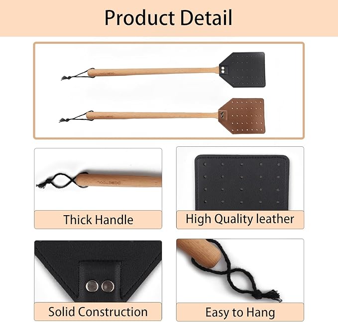 2 Pack Sturdy Leather Fly Swatter for Indoors - (19.7”)Long Handle Heavy Duty Wood Fly Swatter With Hanging Rope, Durable Fly Swatter for Outdoor Rustic Bug Swatter Flies,Mosquitoes And Bees
