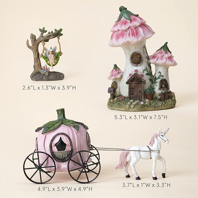 LA Jolie Muse Resin Fairy Garden - Miniature Floral Roof Cottage with Solar LED Lights, Fairy House Figurine Set of 3 with Carriage, Outdoor Decor for Patio Yard Lawn, Gifts for Mom