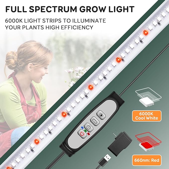 Tri-Bars Grow Light Strips for Indoor Plants with Auto ON/Off Timer 6/12/18H, 5 Dimmable Levels for Shelves Plant Growing(Pack 2)