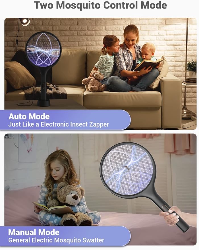 YISSVIC Electric Fly Swatter Bug Zapper Racket Dual Modes Mosquito Killer with Purple Mosquito Light Rechargeable for Indoor Home Office Backyard Patio Camping (Black 2 Pack)