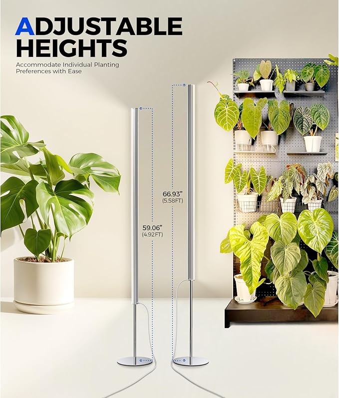 Barrina T1S Standing Grow Light for Indoor Plants with Timer, 65W 660nm High PPFD Tera Series Vertical Full Spectrum Grow Lights Adjustable Height 5FT-5.6FT, Foot Switch, Non-Glare Design, Silver
