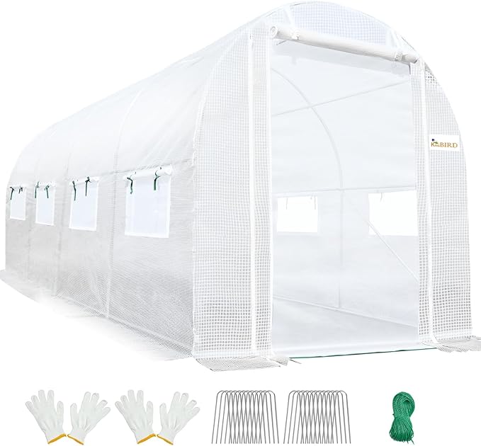 KING BIRD Premium 15x6.6x6.6FT Greenhouse for Outdoors, Large Walk-in Heavy Duty Galvanized Steel Frame, Mesh Door Screen Window Upgraded Zipper Tunnel Hoop for Garden Plant Winter, White