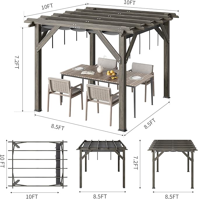 10x10 Ft Outdoor Wood Pergola with Retractable Roof & Mounting Kit Wooden Gazebo, Premium Support Structure, Wind and Snow Supported, Modern Outdoor Pergola for Porch, Grapevine and Deck