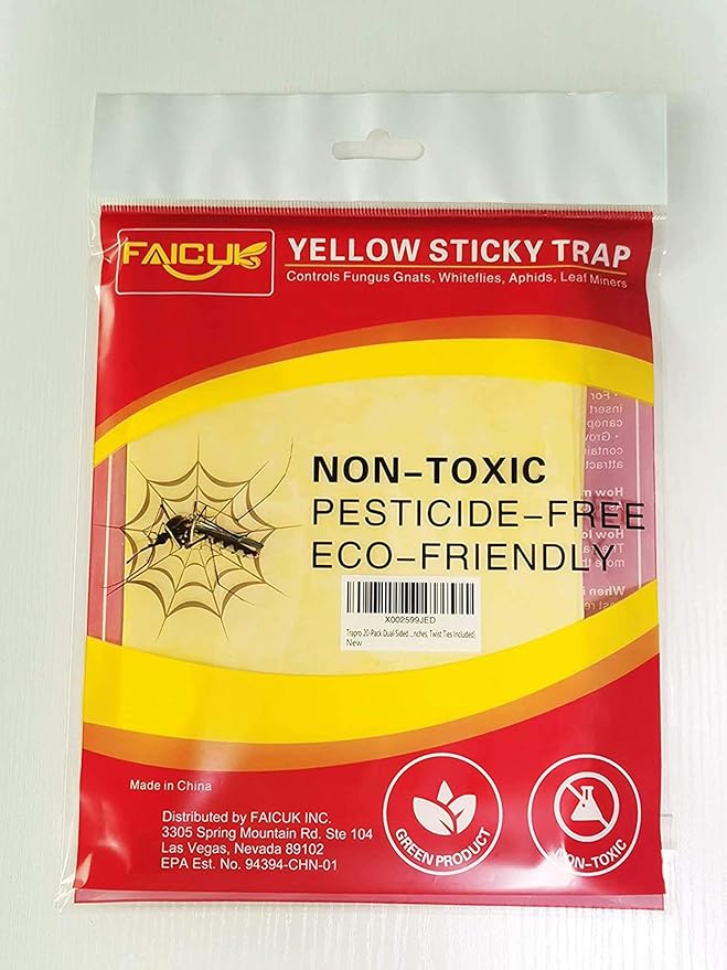 Faicuk 20 Pack Dual Sided Yellow Sticky Traps for Flying Plant Insect Like Fungus Gnats, Aphids, Whiteflies, Leafminers (6x8 Inches, Twist Ties Included)