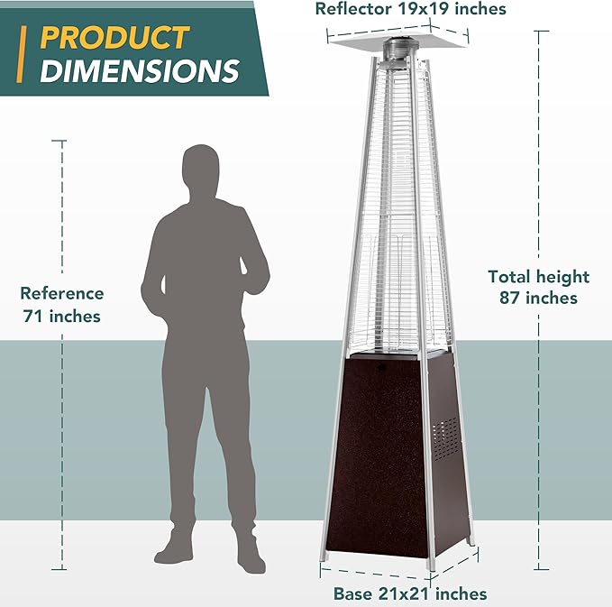 Pamapic Patio Heater, 48,000 BTU Pyramid Flame Outdoor Heater with Cover, Quartz Glass Tube Hammered Bronze Tower Propane Outdoor Heater with Wheels