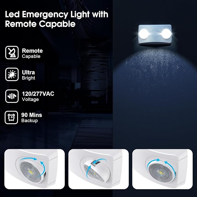 Emergency Light with Battery Backup, Commercial Hardwired Exit Lighting Fixtures, Two Adjustable Head Bug Eye LED Emergency Lighting, AC 120-277V, UL Certified (6Pack)