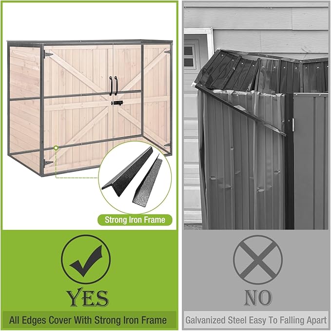 Gutinneen Outdoor Storage Shed Cabinet with Strong Iron Frame Large Wooden Garden Shed Tool House with Adjustable Shelfs,Medium