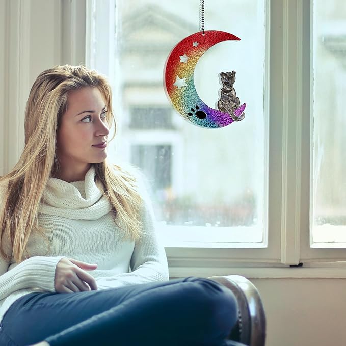 Stained Glass Window Hanging - Colorful Gradient Moon Suncatcher for Door Terrace Garden Home Decor Black Kitten Sun Catcher Birthday Gifts for Lovers Women Men Dad Mom Nana 6.3 in