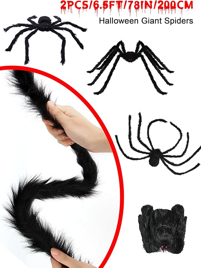 2PCS/6.5FT/78IN/200CM Halloween Giant Spiders Set: Acina Fake Large Hairy Spider Decorations, Scary Virtual Realistic Spider Props for Indoor Outdoor Creepy Decor Black
