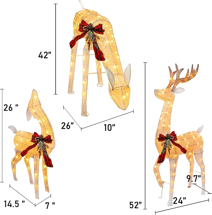 Hourleey 3-Piece Pre-Lit Reindeer Family Set, 3D Plug in 170 Count Warm White Lighted Decoration, Waterproof Outdoor Christmas Deer Decor for Yard, Patio, Lawn, Garden, Party