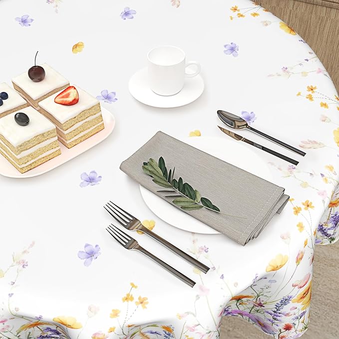 Giwawa Watercolor Wildflowers Round Tablecloth 60 Inch,Purple Lavender Orange Poppy Floral Reusable Washable Polyester Table Cover for Seasonal Indoor Outdoor Dining Party Picnic Decor