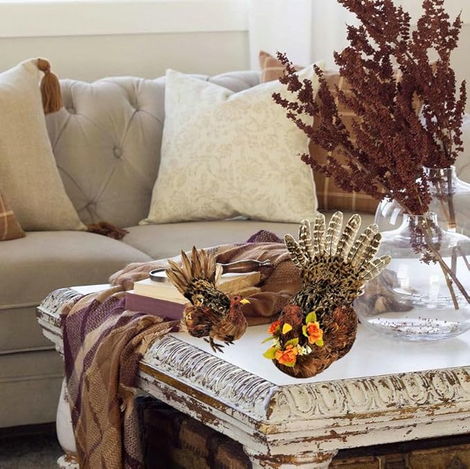 naturevibe 10/6.5 Inches Feathered Turkey Decorations Set of 2,Realistic Mom n Baby Turkey Figurines with Real Feathers for Thanksgiving Decorations,Decorative Farm Animals as Fall Decor for Home