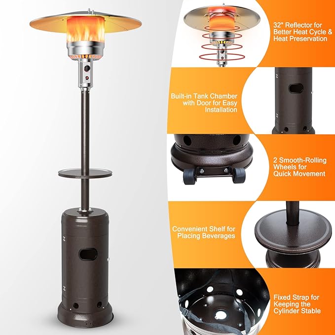 Giantex Outdoor Propane Heater, 48000 BTU Standing Gas Heater w/Shelf Tabletop & Wheels, Tip-Over Protection & Auto Shut Off, CSA Certified, Portable Patio Heater for Home & Commercial Use (Bronze)