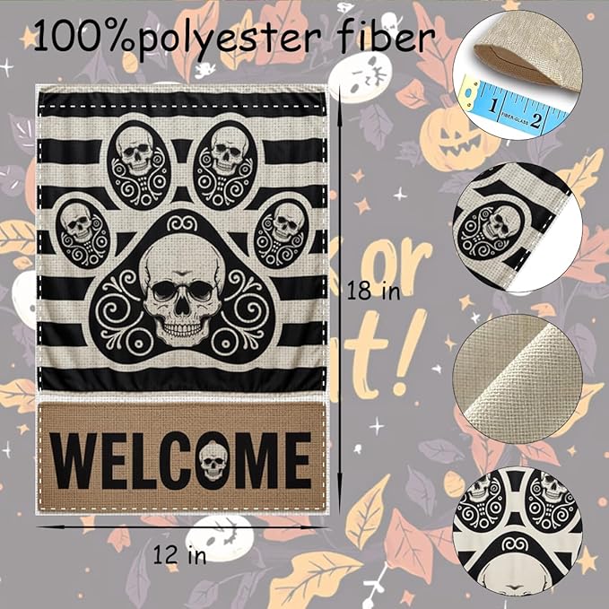 Fokongna Halloween Welcome Garden Flag, Dog Paw Print Skeleton Halloween Decor Garden Flag, 12x18 Inch Burlap Vertical Double Sided Flags, for Home Yard Outside Decorations