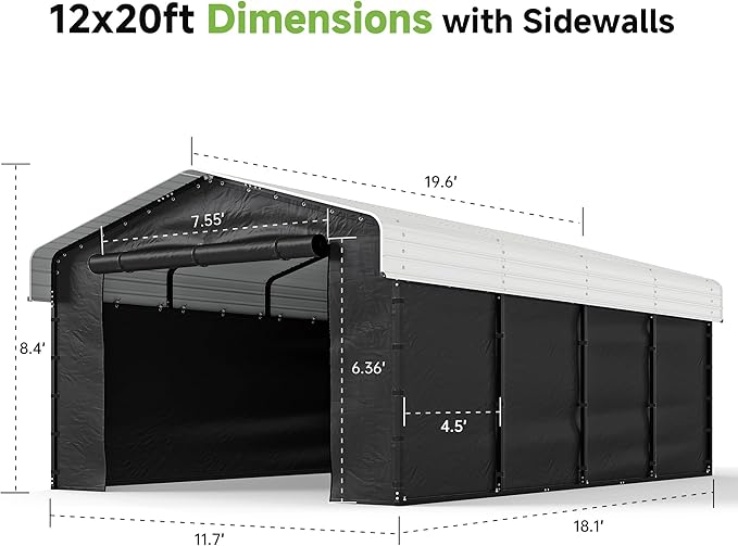 Real Relax 12x20ft Metal Carport, Heavy Duty Metal Carport Canopy Galvanized Steel Roof with Removable PE Sidewalls, Outdoor Car Shelter for Car, Boats and Truck, Cream White