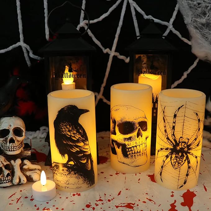 DRomance Halloween Flameless Flickering Candles Battery Operated with 6 Hour Timer White Real Wax Spooky LED Pillar Candles Skull Spider Crown Decals Hallloween Indoor Decor(3 x 6 Inches)
