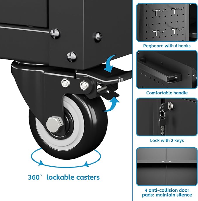 Metal Tool Cabinets with Pegboard and Hooks,Garage Storage Cabinet with Wheels and 2 Lockable Doors for Garage, Home, Office,Assembly Required,Black,13.8" D x 26" W x 34.3" H