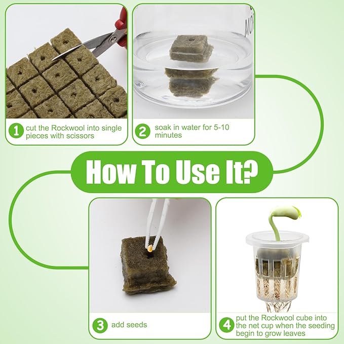 Windspeed 202Pcs Rockwool Planting Cubes Set 1 Inch, 100P Rockwool Starter Plugs with 100P 1.5 in Hydroponics Net Cup 2 Tweezers Rockwool Cubes for Hydroponics Rooting,Starting Seeds,Clone Plants