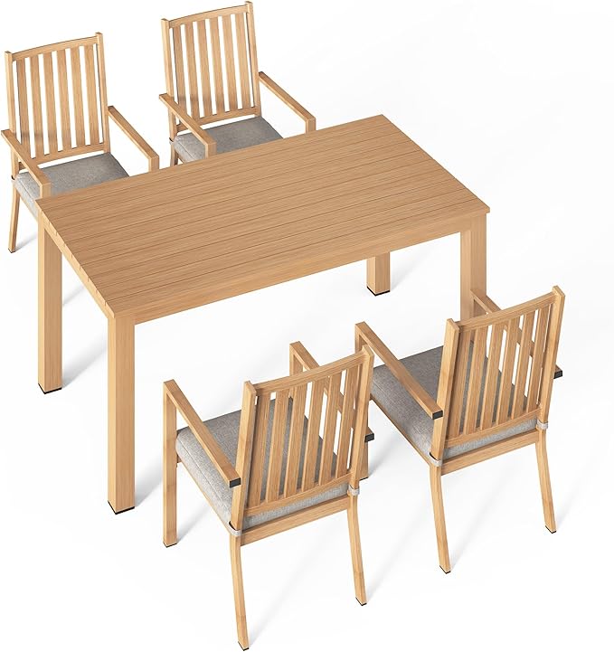 Wisteria Lane 5 Pieces Patio Table and Chairs Set, Aluminum Outdoor Dining Table with 4 Chairs, Outdoor Patio Dining Sets with Removable Cushion for Garden, Backyard, Lawn, Brown