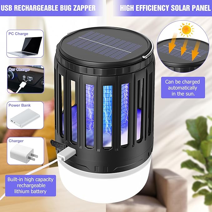 2 Pack Solar Bug Zappers Outdoor, 3 in 1 Mosquito Zapper Killer USB Rechargeable Camping Light, Waterproof Portable Gnats Flying Trap for Outdoor & Indoor