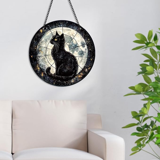 Black Cat Sun Catcher - Black Cat Full Moon Acrylic Suncatcher Rainbow Maker Stained Acrylic Window Hanging Ornament Indoor Outdoor Decoration Home Garden Decor Chain Pendant Memorial Gifts